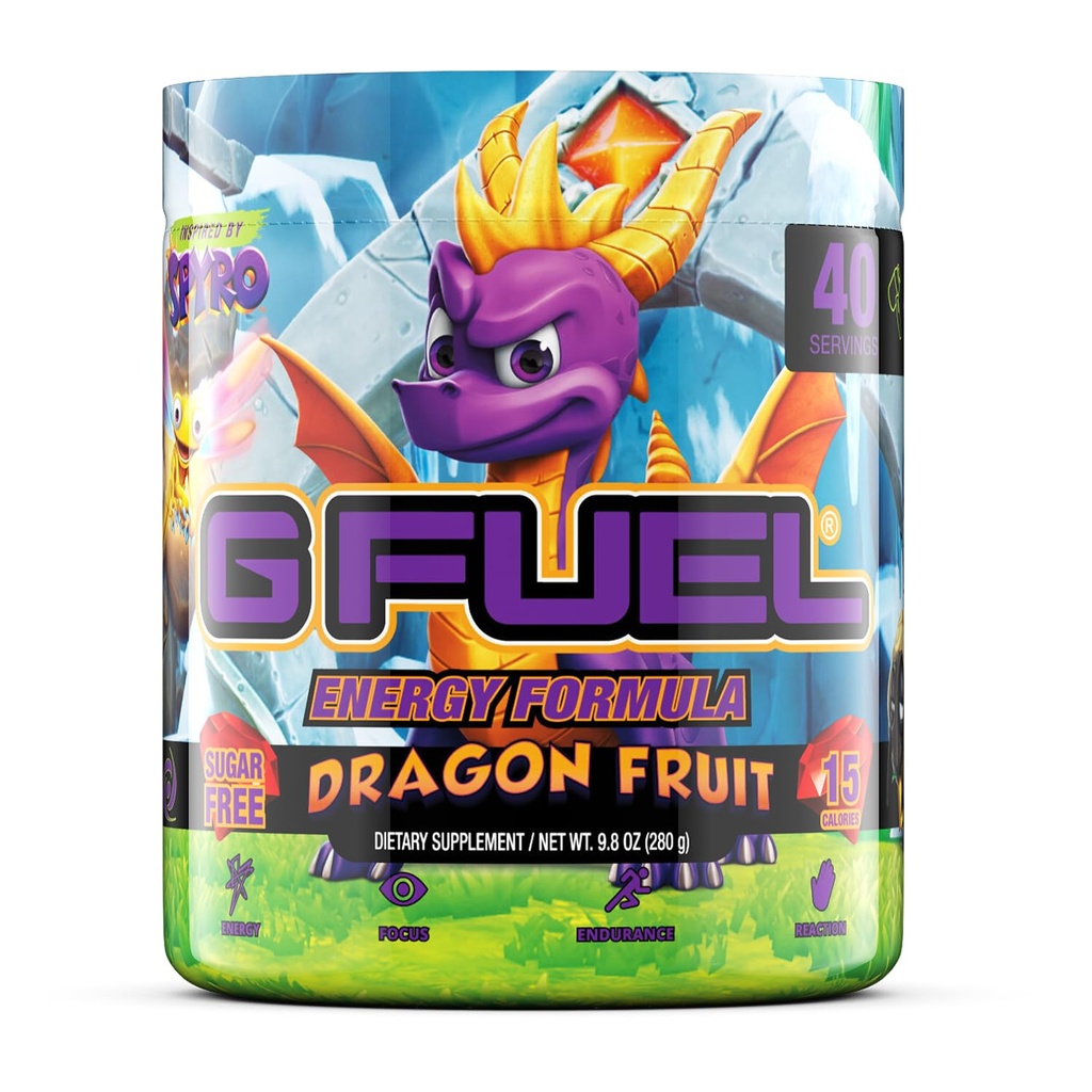 G Fuel Spyro Dragon Energy Drink Powder, Pre Workout Koffein Mix for Gaming, Sukker Free Focus Amino, Vitamin + Antioxidanter, 9.8oz (Dragon Fruit, 40 Servere)