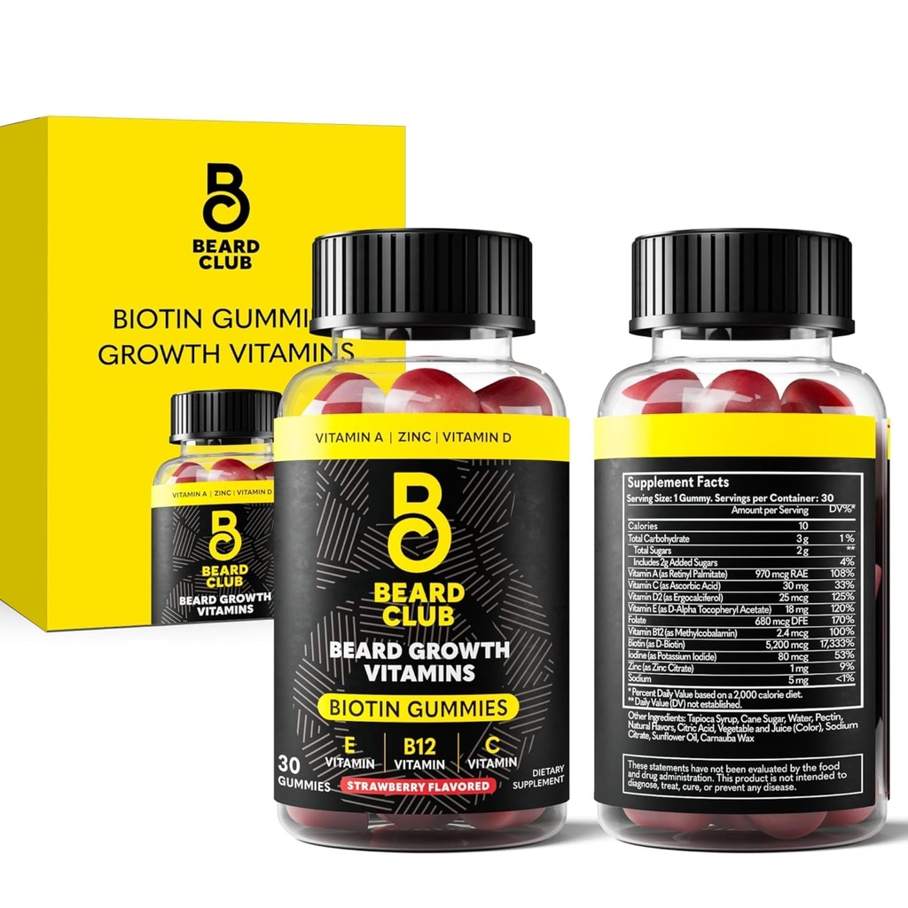 The Beard Club Biotin Beard Growth Vitamin Gummies - Hår supplement til mænd - Vitaminer B12, E, & C at støtte en Thicker Fuller udseende Ansigtshår - Jordbær Gummy