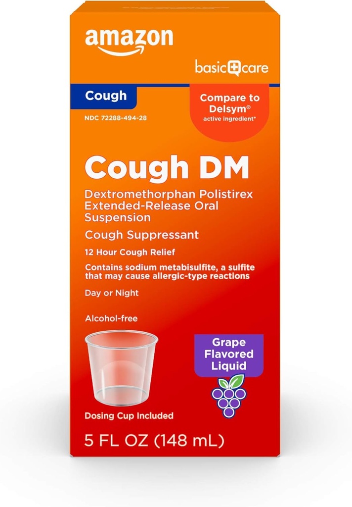 Basic Care 12 Hour DM Syrup, Extende- Release Dextromethorphan, Grape Flavor Liquid Medicine, 5 fl oz (pakke med 1)