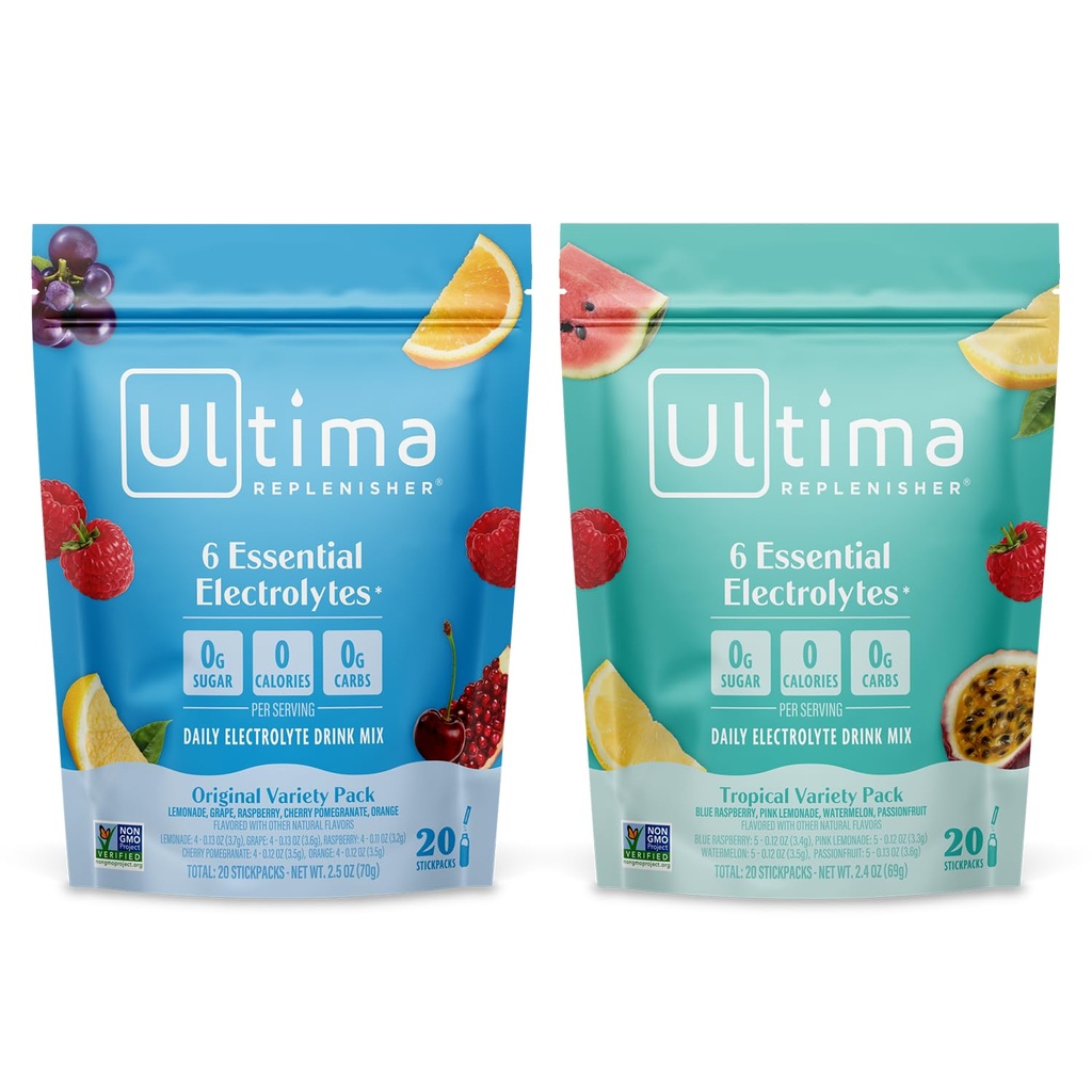 Ultima Replenisher Daily Electrolyte Powder Drink Mix - Sugar Free - Tropical Variety og 5-Articor Variety, 20 stickpacks - Hydrering pakker med 6 elektrolyter og mineraler - Keto, ikke-GMO