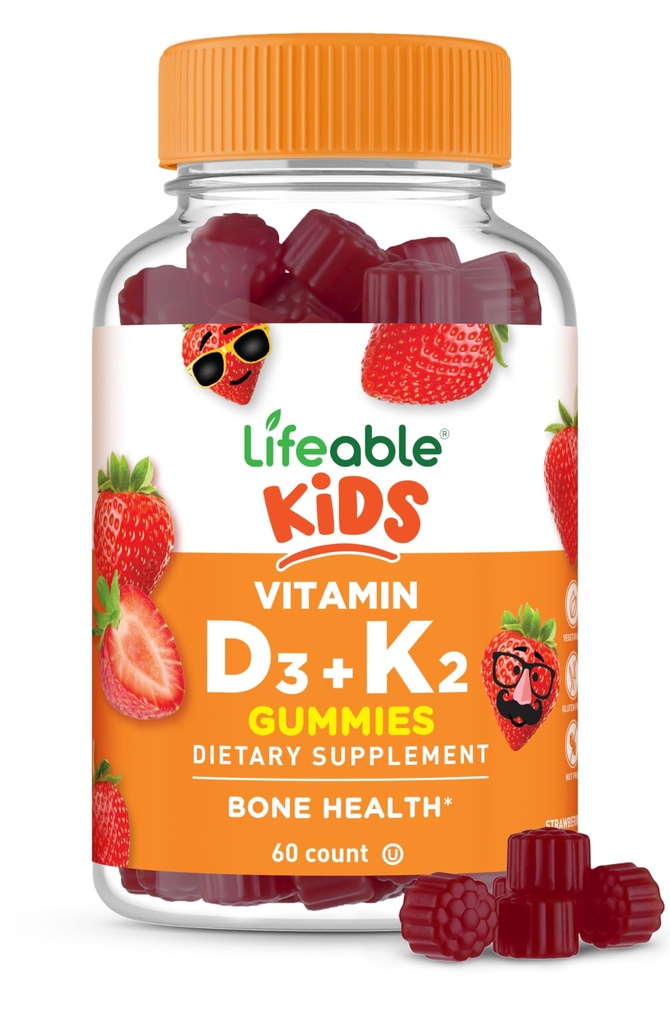 Lifeable Kids Vitamin D3 K2 Gummies Note 124; 1000iu D3 og K2 100mcg B124; Great Tasting D3 og K2 Kosttilskud B124; for ben Sundhed og Immunitet B124; VIT D3 K2 for børn B124; 60 Gummies