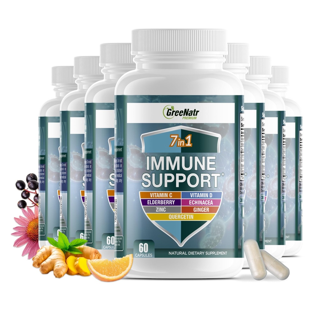 GreeNatr 7 i 1 immunforsvar supplement med vitamin C, vitamin D3, zink 50mg, Quercetin, Echinacea purpurea, Sambucus Elderberry og ingefær til komplet immunforsvar - 60 kapsler (12 flasker)