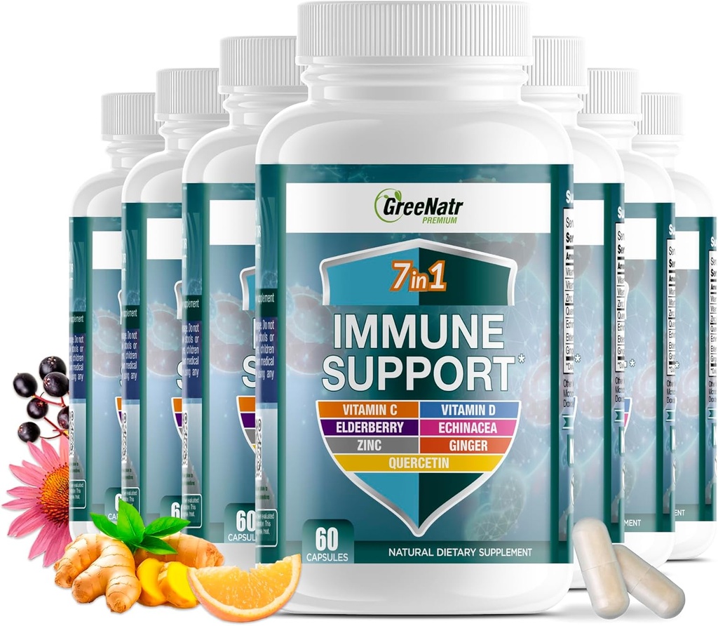 GreeNatr 7 i 1 immunforsvar supplement med vitamin C, vitamin D3, zink 50mg, Quercetin, Echinacea purpurea, Sambucus Elderberry og ingefær til komplet immunforsvar - 60 kapsler (12 flasker)