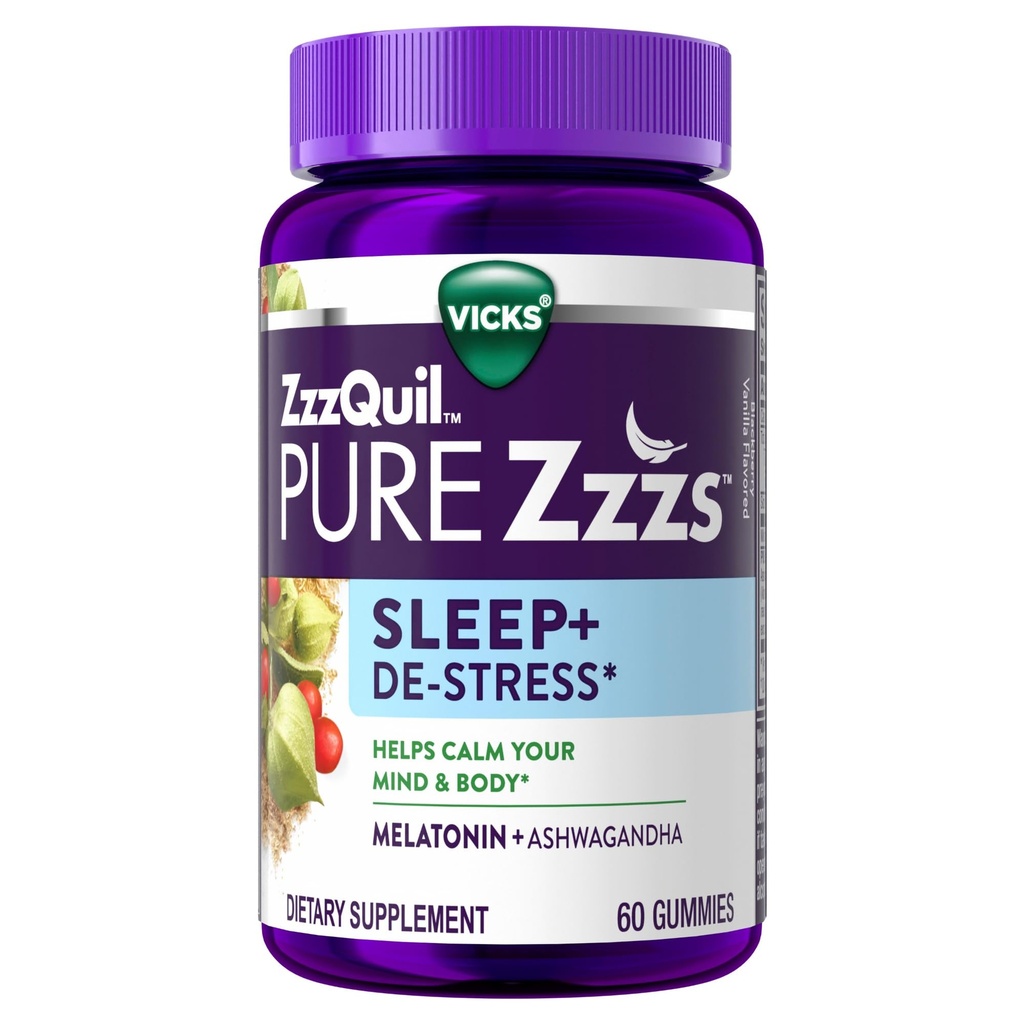 ZzzQuil PURE Zzzs De- Stress 2 mg Melatonin Gummies,, Sovestøtte til voksne, Ashwagandha til Stress Support, 60 Gummies