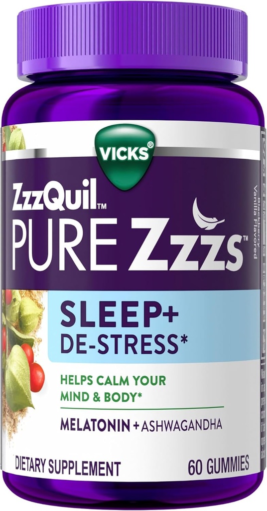 ZzzQuil PURE Zzzs De- Stress 2 mg Melatonin Gummies,, Sovestøtte til voksne, Ashwagandha til Stress Support, 60 Gummies