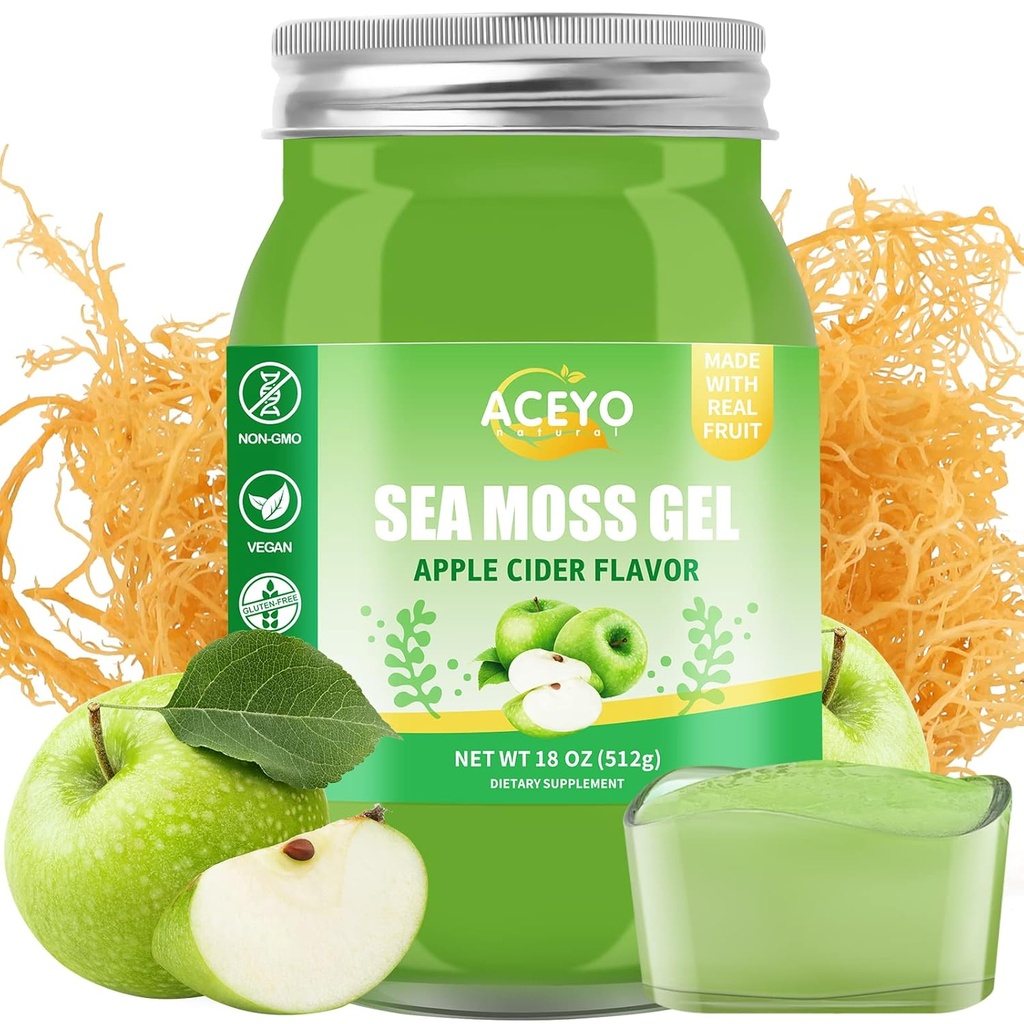 (18 OZ) Irish Sea Moss Gel Organic Raw Vegan Apple Flavor 102 Vitamin og mineral Wild Harfted non-GMO immunforsvar Booster Thyroid fordøjelsesstøtte