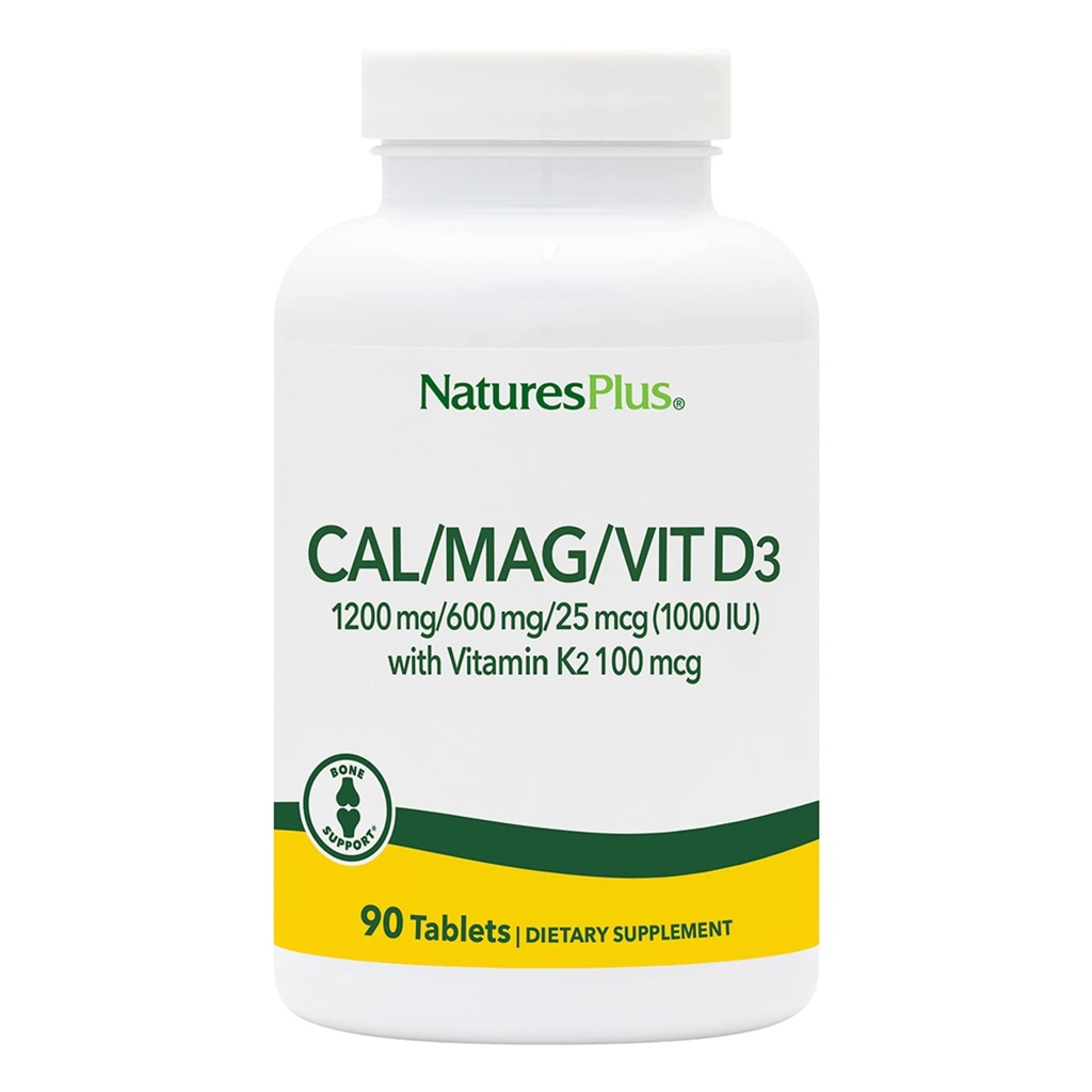 NaturesPlus Calcium / Magnesium / D3- vitamin med vitamin K2 - Understøtter ben og immunforsvar - Vegetarisk, Gluten Free - 90 tabletter - 22.5 Tjenester