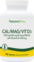 NaturesPlus Calcium / Magnesium / D3- vitamin med vitamin K2 - Understøtter ben og immunforsvar - Vegetarisk, Gluten Free - 90 tabletter - 22.5 Tjenester