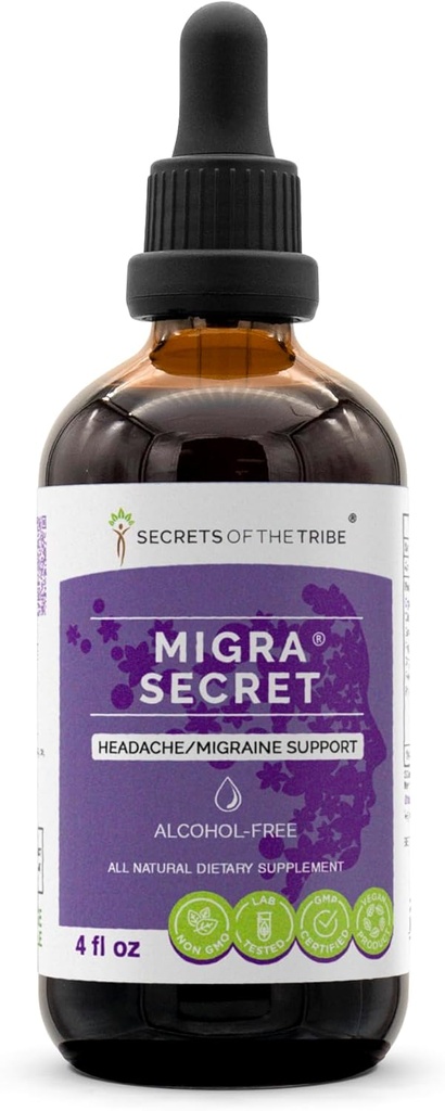 Migra Secret Alcohol- Free, Glycerite Fevermonth, Ginger, Periwinkle, Ginkgo, Peppermint. Tinktur, urteekstrakt Hovedpine / migræne Support 4 OZ