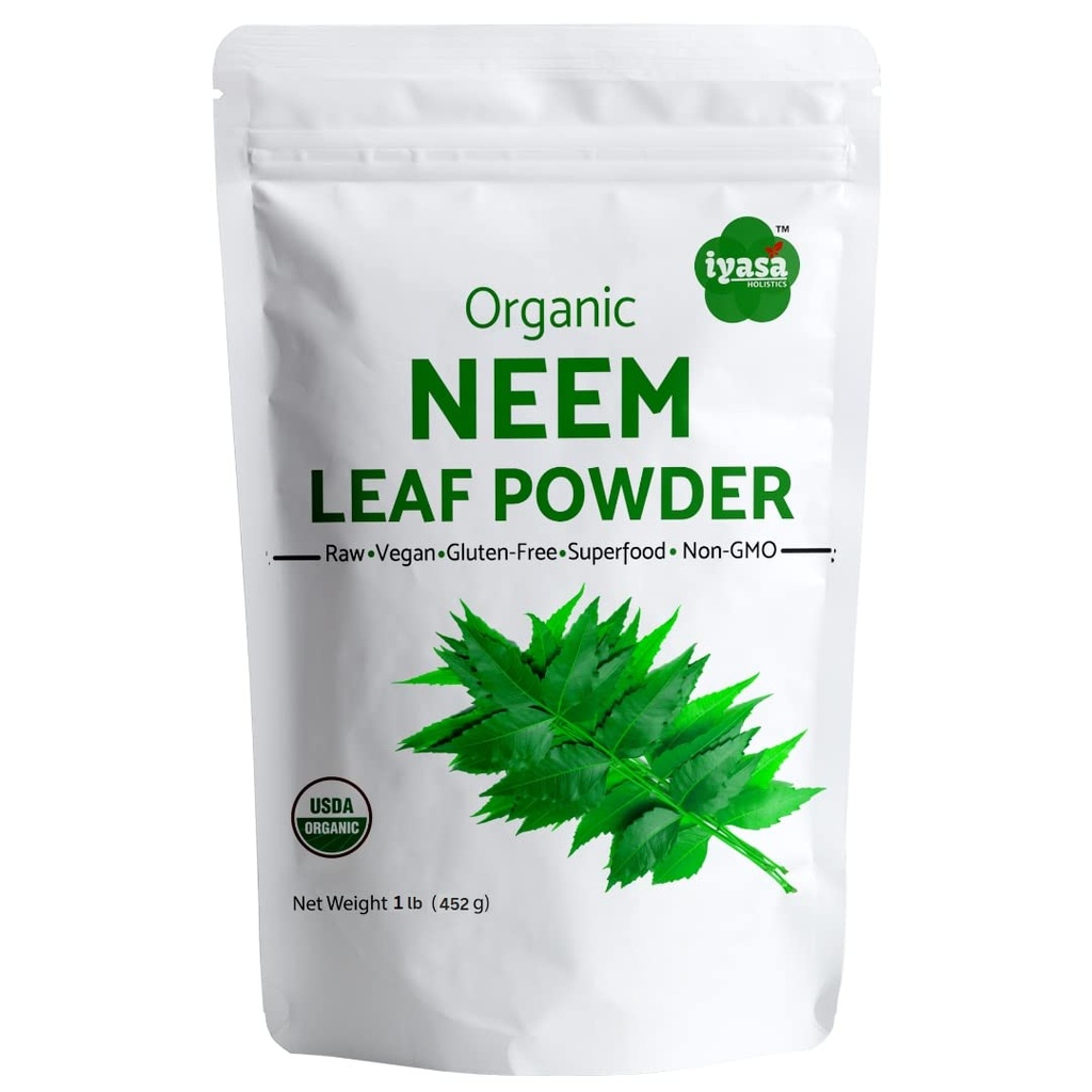 Iyasa Holtics Organic Neem Powder Ayurveda urt og superfood, understøtter blod og lever rensning, fremmer sundt hår og klar hud, resealable pose på 16 oz / 453g