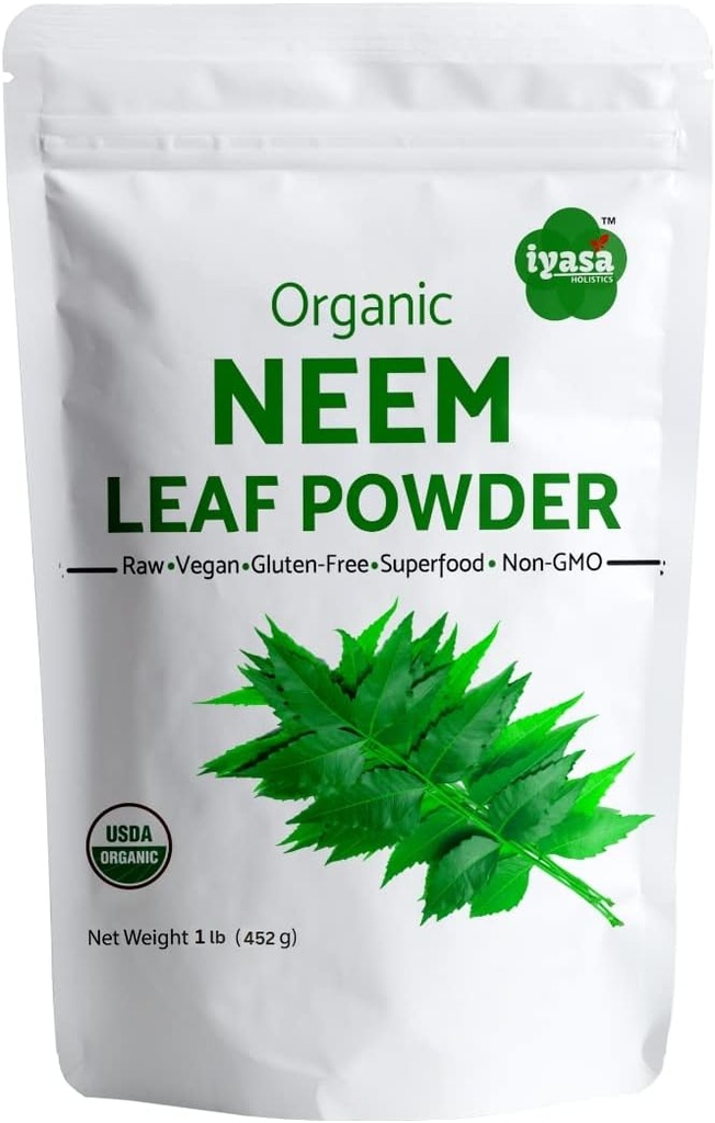 Iyasa Holtics Organic Neem Powder Ayurveda urt og superfood, understøtter blod og lever rensning, fremmer sundt hår og klar hud, resealable pose på 16 oz / 453g
