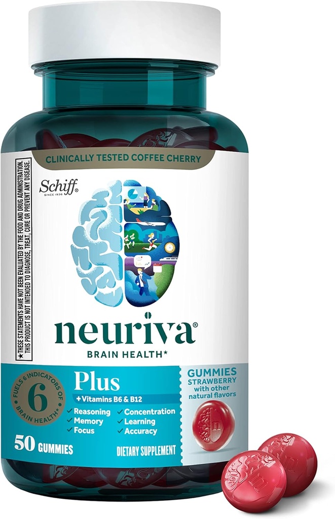 NEURIVA Plus Brain Supplement til hukommelse, fokus og koncentration + kognitiv funktion med vitaminer B6 & B12 og klinisk testet Nootropics Phosphatidylserin og Neurofaktor, 50ct Strawberry Gummies