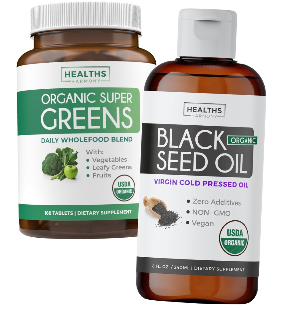 Super Green & Black Seed Oil (3-måned Tilgang) Urteolie Blend Bundle Organic Super Greends Powder - Komplet superfood (180 kapsler) & Organic Black Seed Oil Liquid - Kold presset (8 fl oz)