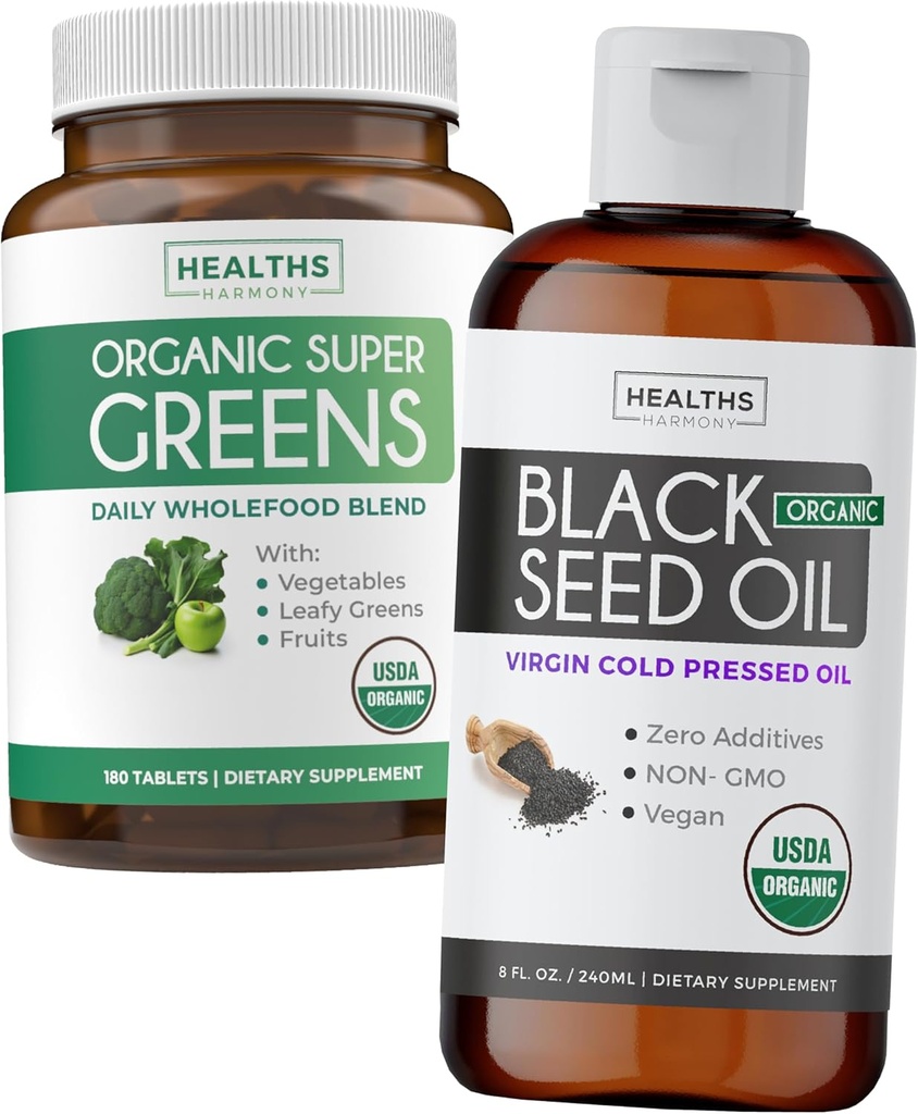 Super Green & Black Seed Oil (3-måned Tilgang) Urteolie Blend Bundle Organic Super Greends Powder - Komplet superfood (180 kapsler) & Organic Black Seed Oil Liquid - Kold presset (8 fl oz)