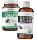 Super Green & Black Seed Oil (3-måned Tilgang) Urteolie Blend Bundle Organic Super Greends Powder - Komplet superfood (180 kapsler) & Organic Black Seed Oil Liquid - Kold presset (8 fl oz)