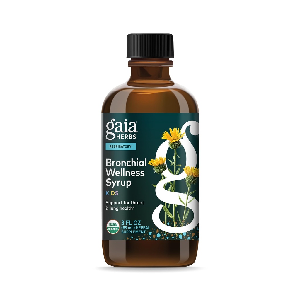 Gaia Herbs Bronchial Wellness Syrup Kids - immunsupportsupplement - Throat & Lung Health Support * - Certificeret økologisk formel med engelsk plantain, Grindelia & Honey - 3 Fl Oz (18 Servere)