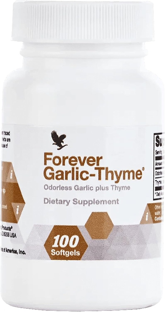 Forever Living - Forever Garlic- Thyme - Kardiovaskulær & immunforsvar med 10mg hvidløg ekstrakt & 50mg Thyme Leaf Powder - Odorless Softgel, Gluten- Free - 100 Softgels