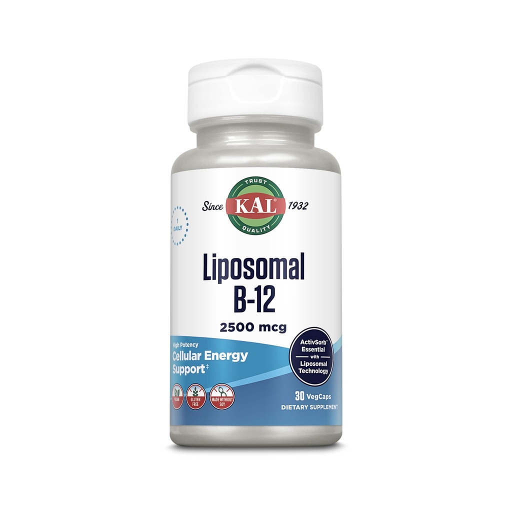 KAL Liposomal Vitamin B12 2500 mcg, Høj Absorption, Liposomal teknologi, Cellular Energy Support, Vegan Kapsler, Gluten Free, Made without Soy, 30 Servere