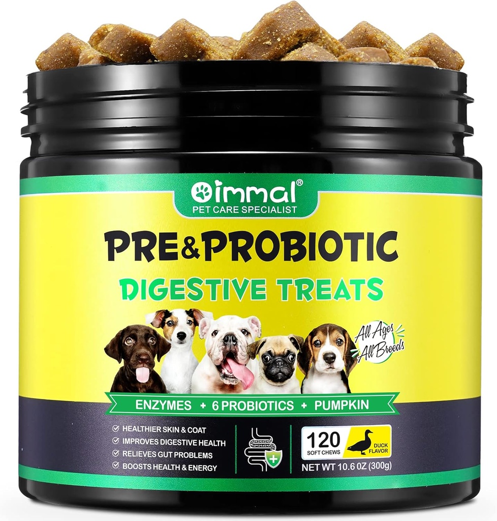 Probiotika til hunde fordøjelsessygdomme, fordøjelsesbløde tykkere til hunde, hunde probiotika og fordøjelsesenzymer, 120 hundetykkere Omega-3 & 6, Vitamin, Forbedre fordøjelsen, Immunitet