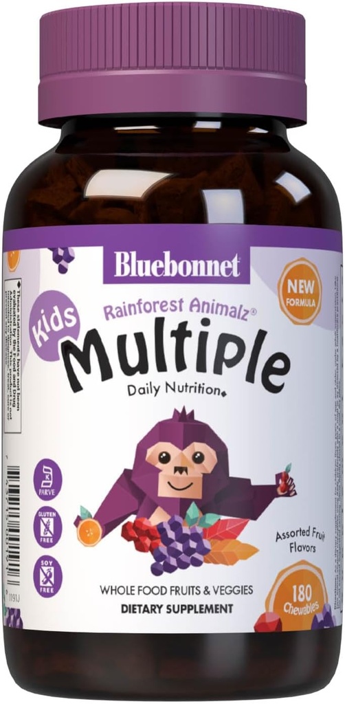 Bluebonnet Nutrition Rainforest Animalz Hele fødevarer baseret på flere tyggetabletter, Kids Multivitamin & Mineral, C-vitamin, D3, Jern, Gluten Free, Milk Free, Kosher, 180 tyggetabletter, blandet flavor