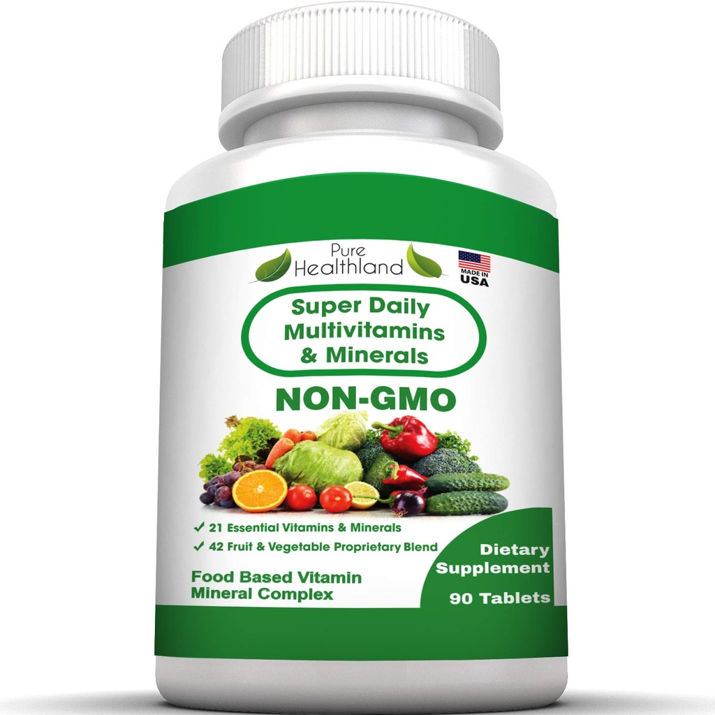 Pure Heathland Non- GMO Super Daily Multivitamin for voksne - 42 naturlige frugter & grøntsager Blend med 21 essentielle vitaminer & mineraler - Vegansk Coating Tablets, 90 Greve, Made in USA