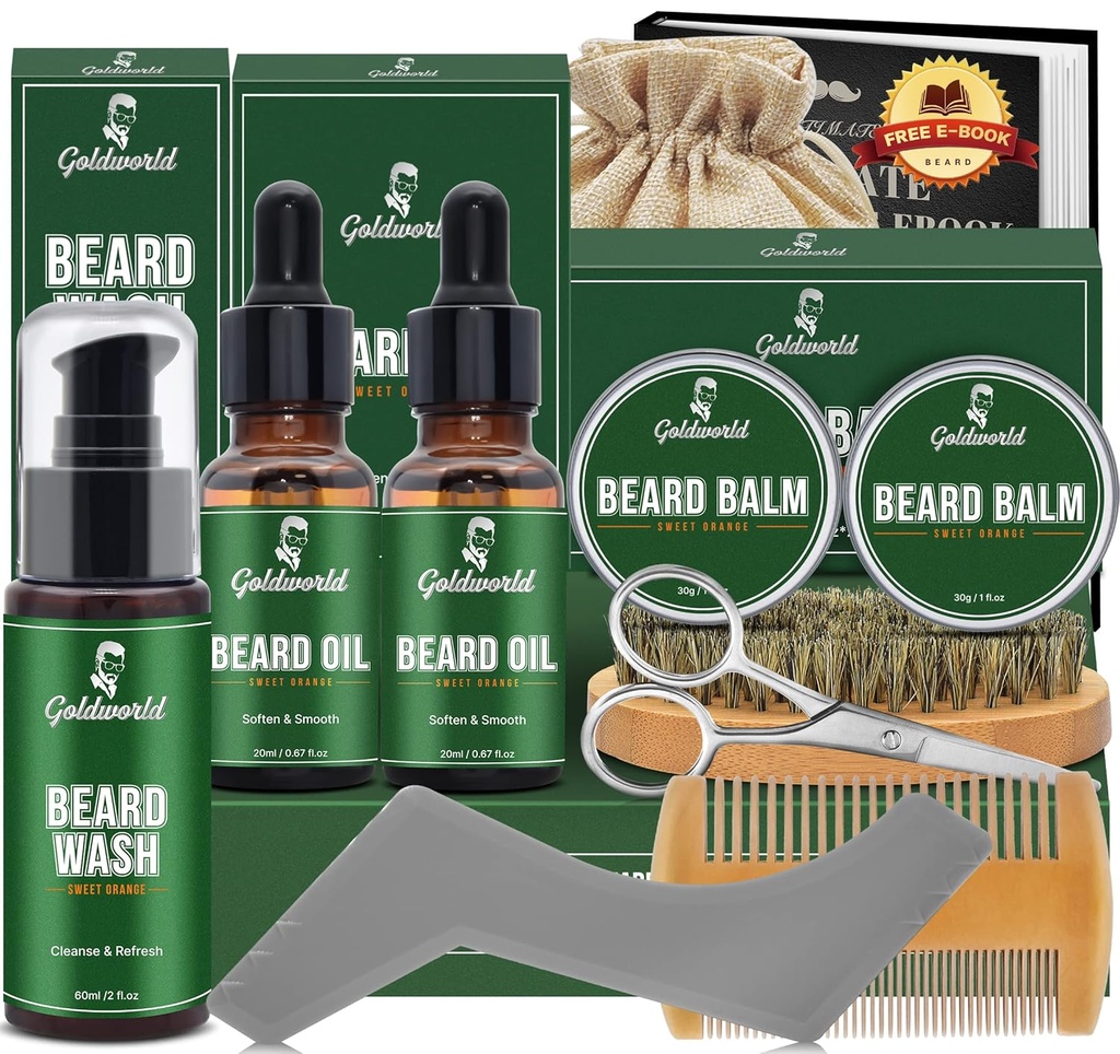 Beard Kit, Beard Grooming Kit w / 2 Pack Beard Oil & 2 Pack Beard Balm, Christmas Stocking Stuffers Gaver til mænd Ham Mand far Kæreste, Baring Kit w / Beard Wash Comb Brush