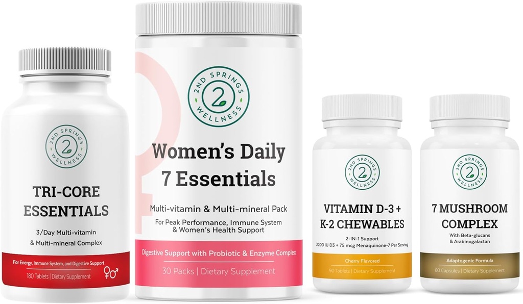 Tri- Core Essentials + Women 's Daily 7 Essentials + 7 Organic Mushroom Complex + Vitamin D3 + K2 Bundle