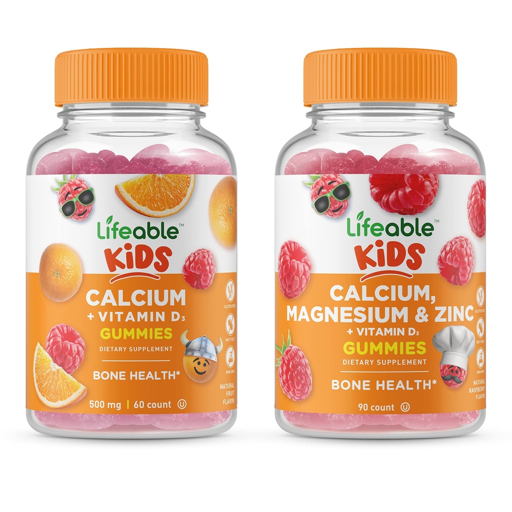 Lifeable Calcium med D-vitamin Kids + Calcium Magnesium & Zink Kids, Gummies Bundle - Great Tasting, Vitamin Supplement, Gluten Free, GMO Free, Chewable Gummy