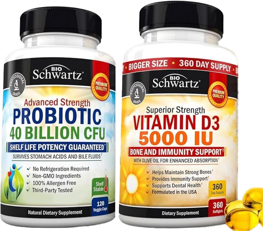 Høj styrke Vitamin D3 5000 IE 125 mcg (1 års forsyning) Plus 40 milliarder CFU Dagligt probiotisk supplement (2 måneders forsyning)