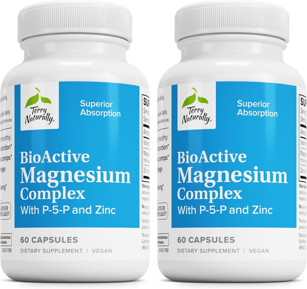 Terry naturligt BioActive Magnesium Complex - Bone & Heart Health Support - Supplement med vitamin B6, Zink & Magnesium - Pyridoxal- 5 - Phosphat Vegan Capsule Supplement - 60 kapsler (pakke med 2)