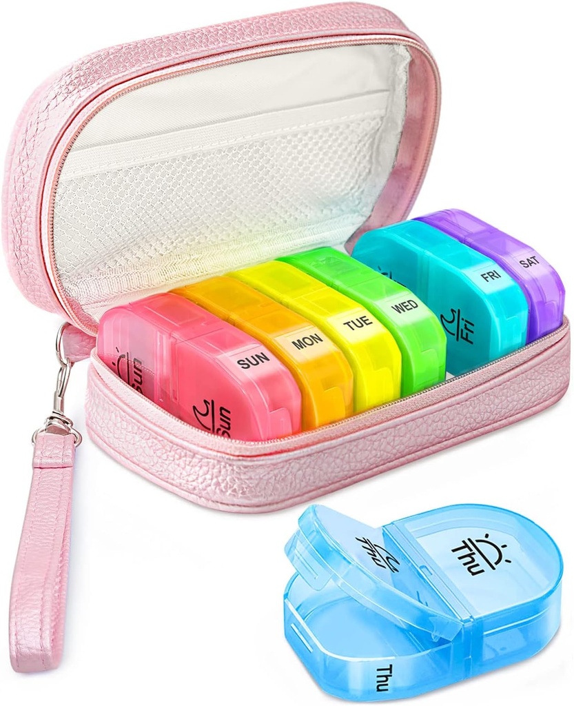 Cute Pill Organizer 2 gange om dagen, PU Leather Pill sag for kvinder, Bærbar Ugentlig Pill Box til purse med opbevaring taske til at holde vitaminer, Medicin, Fiskeolier, Kosttilskud (Pink)