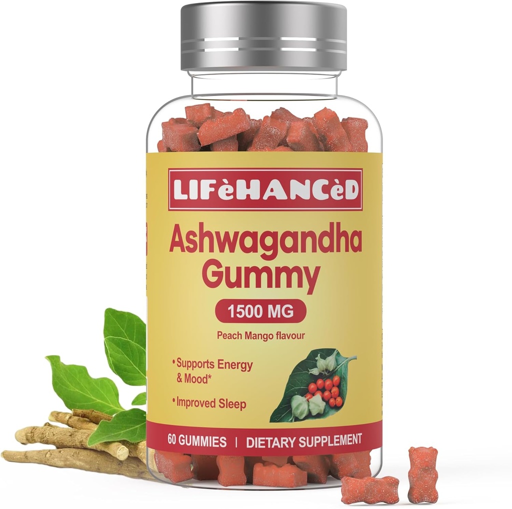 Ashwagandha Gummies, LAB testet, 60 Greve, 1500mg, 3% Withanolides, Peach Mango Flavour, Ideel supplement til din hele familien.