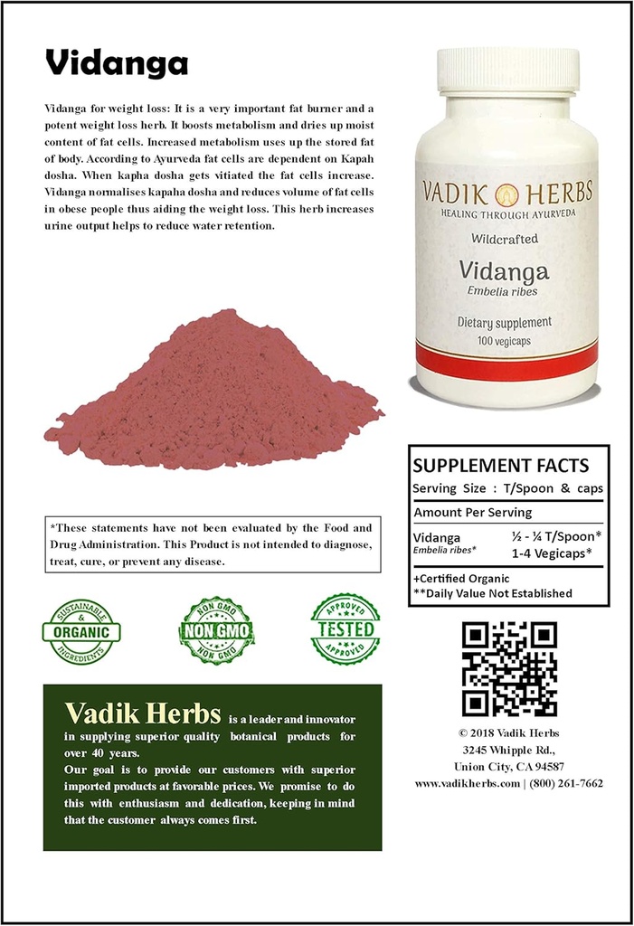 Vadik urter Certificeret Organic Vidanga (Embelia Ribes) Pulver 1lb. Pakke 124; Excellent Herb for vægttab, hudlidelser, Intestinal Cleanser