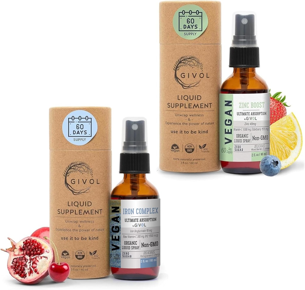 Jern supplement - 18mg Bisglycinate Kompleks med C-vitamin & B12 for Energi & Immunitet Boost og Økologisk ZINC Boost Mist 40mg (Ekstra Styrke) - Sukker fri med VIT C og Elderberry ekstrakt