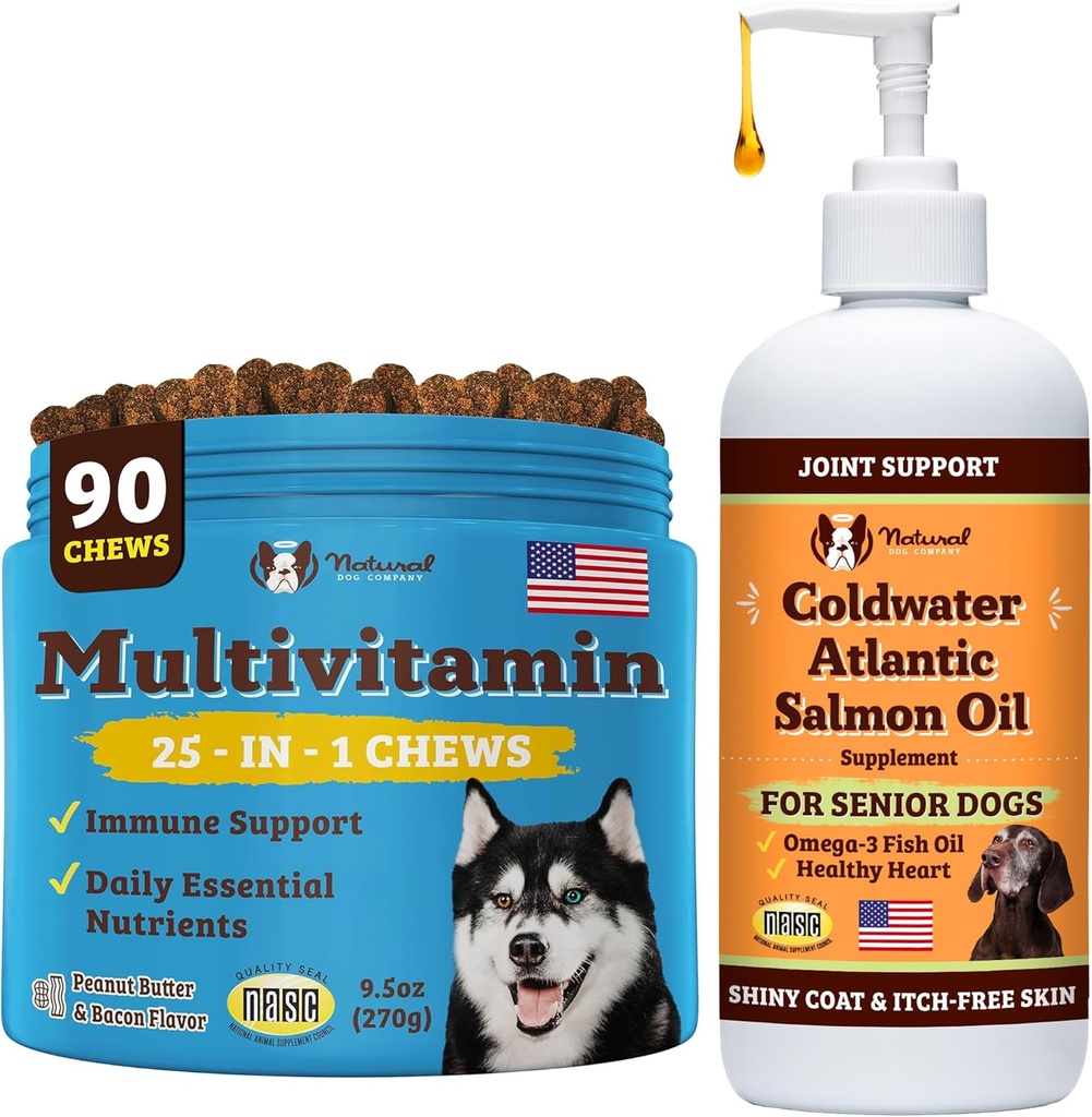 Natural Dog Company Multivitamin Chews & Coldwater Atlantic Salmon Oil Bundle - Avanceret immunforsvar, fælles pleje, og kognitiv sundhed for ældre hunde - Perfekt dagligt tillæg, 90 Chews + 16oz Oi