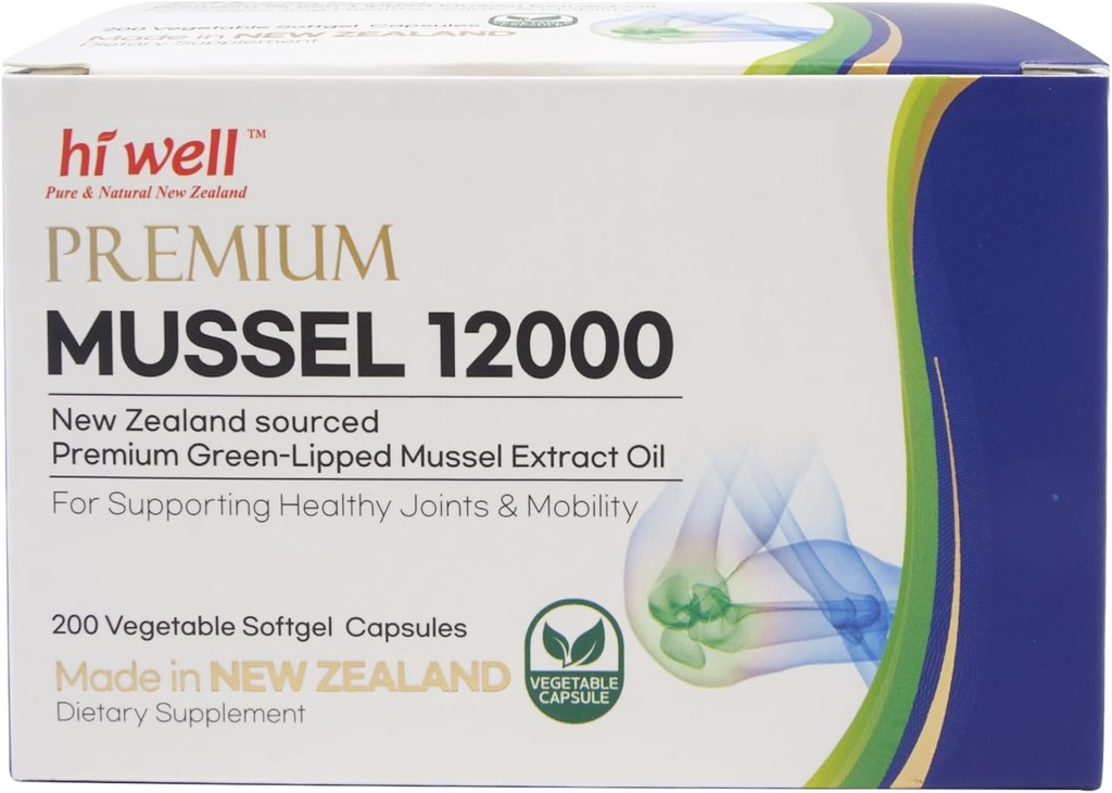 Hi Well Premium New Zealand Green- Lipped Mussel 12000 / / 200 Softgel Capsules / / Sourced from Pristine New Zealand Waters (1)