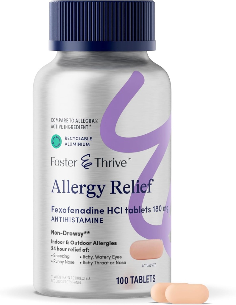 Foster & Thrive Fexofenadine HCl Non Drowsy Allergy Relief for Hay Fever, Pollen, Itchy Eyes, og sæsonallergi, Effektiv støtte til børn og voksne, 180 mg, 100 tabletter