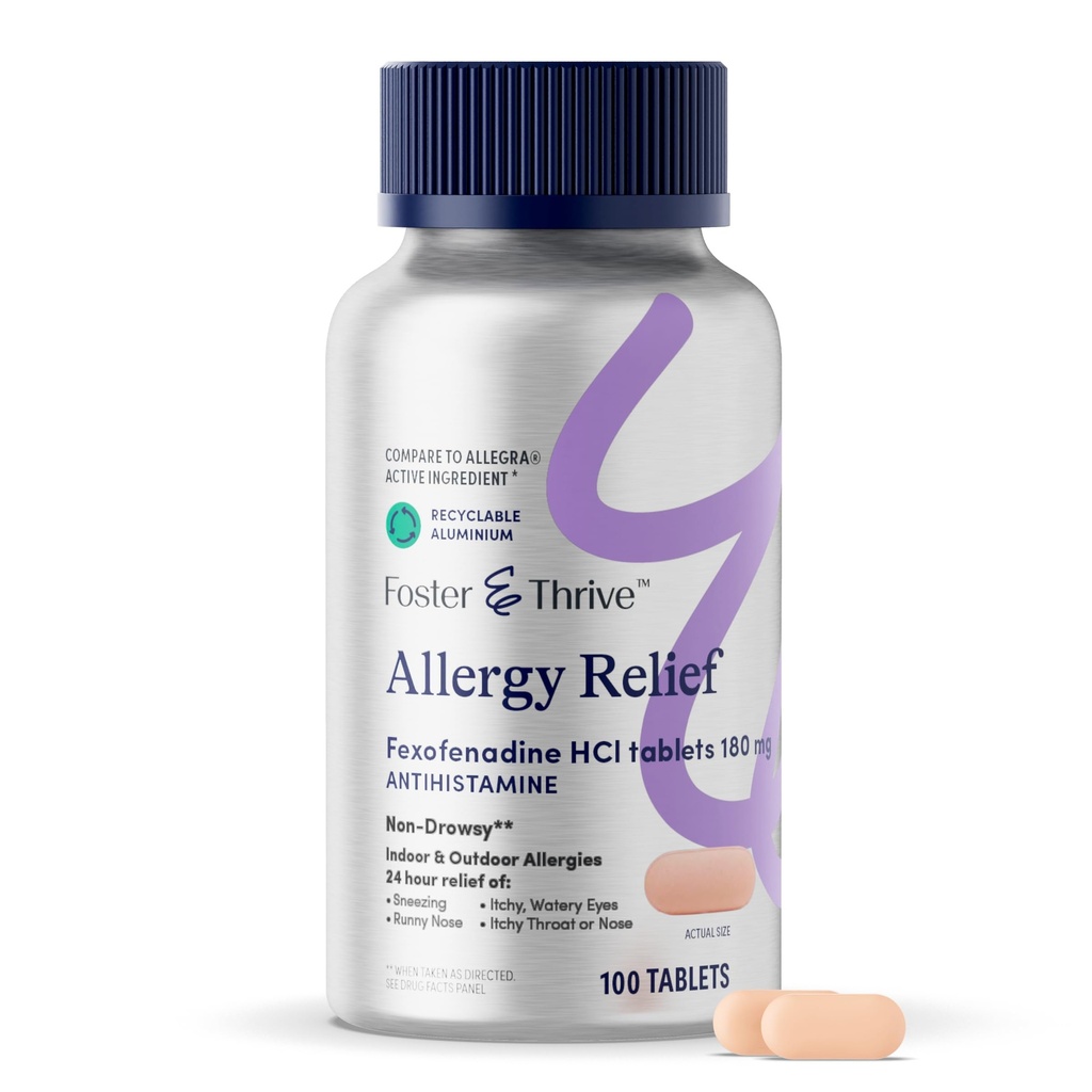 Foster & Thrive Fexofenadine HCl Non Drowsy Allergy Relief for Hay Fever, Pollen, Itchy Eyes, og sæsonallergi, Effektiv støtte til børn og voksne, 180 mg, 100 tabletter