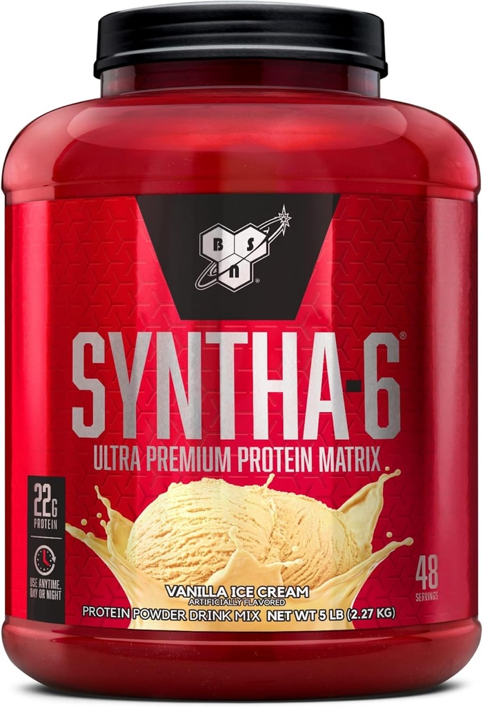 BSN SYNTHA- 6 Whey Protein Powder, Micellar Casein, Milk Protein Isolate Powder, Vanilla Ice, 5 Pounds, 48 Servere (Pack of 1) - Pakke May Vary