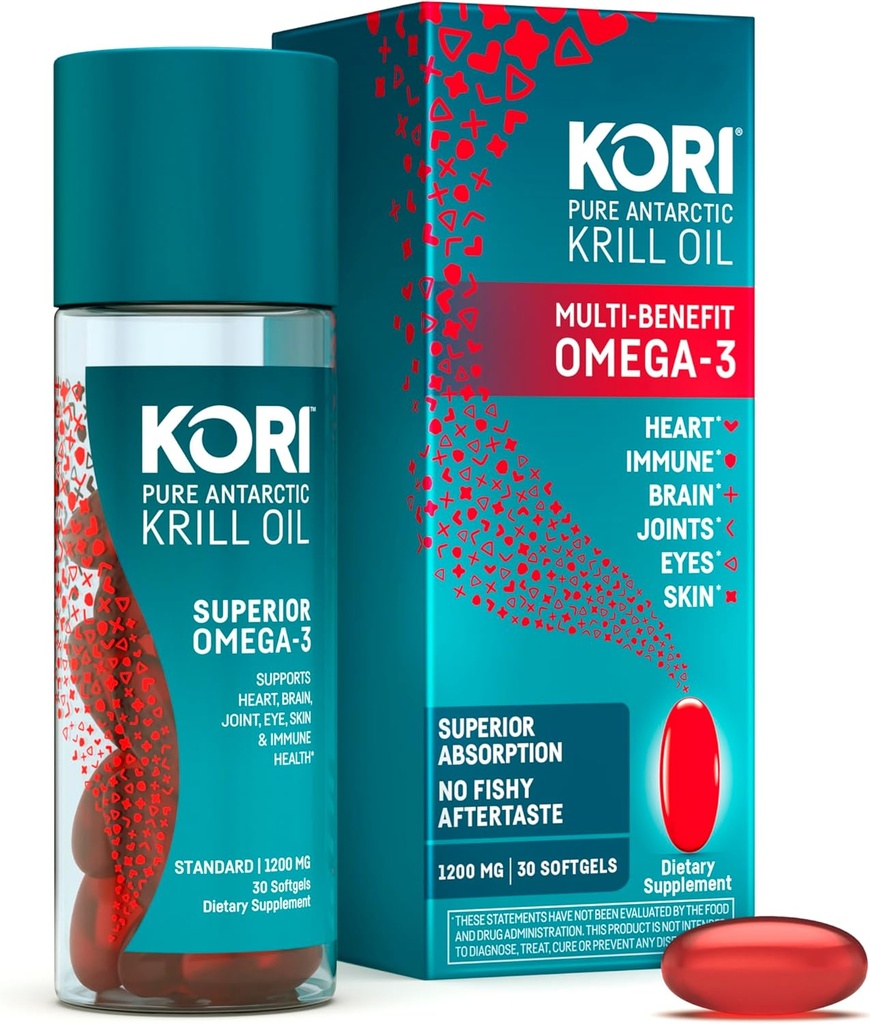 Kori Krill Oil Omega 3 Supplement, Antarktisk Krill Oil med Superior Absorption vs Fish Oil, 1200mg Softgels, 30 Softgels, EPA & DHA