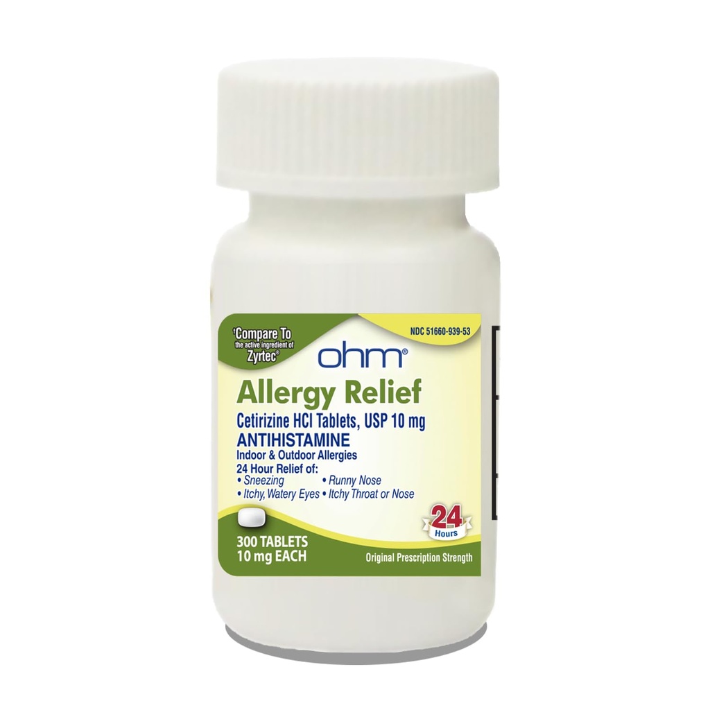 Ohm 24- Hour Antihistamin Cetirizin HCl 10 mg tabletter, 300 Count - All- Day Allergy Relief for Itchy Eyes, Runny Næse, Hay Fever, Pollen, og Indendørs & Udendørs Allergier