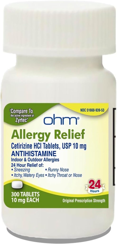 Ohm 24- Hour Antihistamin Cetirizin HCl 10 mg tabletter, 300 Count - All- Day Allergy Relief for Itchy Eyes, Runny Næse, Hay Fever, Pollen, og Indendørs & Udendørs Allergier
