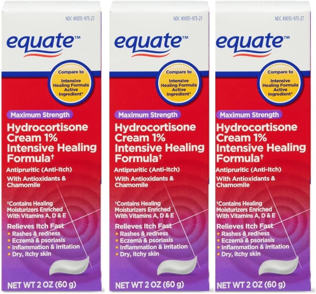 Equate Hydrocortison Intense Healing Cream, 2 oz, 1 Procent Intensive Healing Formel, Itch Relief for Bug Bites, Eczema, Psoriasis, Poison Ivy, Oak and Sumac, 2 Ounce (Pack of 3)