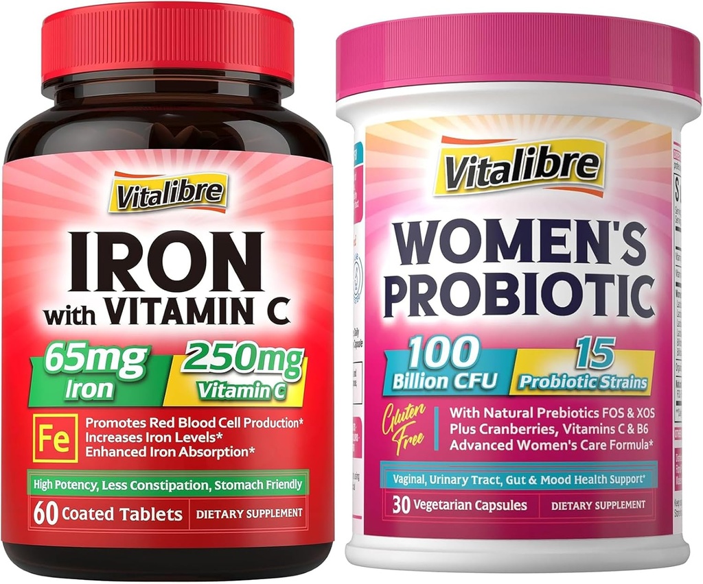 Jern supplement, 65mg Carbonyl Jern med 250 mg C-vitamin + Vitalibre Kvindeprobiotika 100 Millioner CFU, 15 Strops, w / Prebiotic, Cranberry, Vitamin B6 & VC