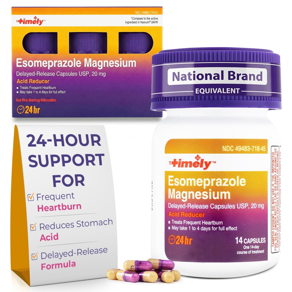 Timely Esomeprazol Magnesium 20mg Antacida piller - Mavesmerter, hyppig hjerterytme Relief & Acid Reflux medicin - 24 timers Esomeprazol forsinket frigivelse kapsler - 42 Tæl