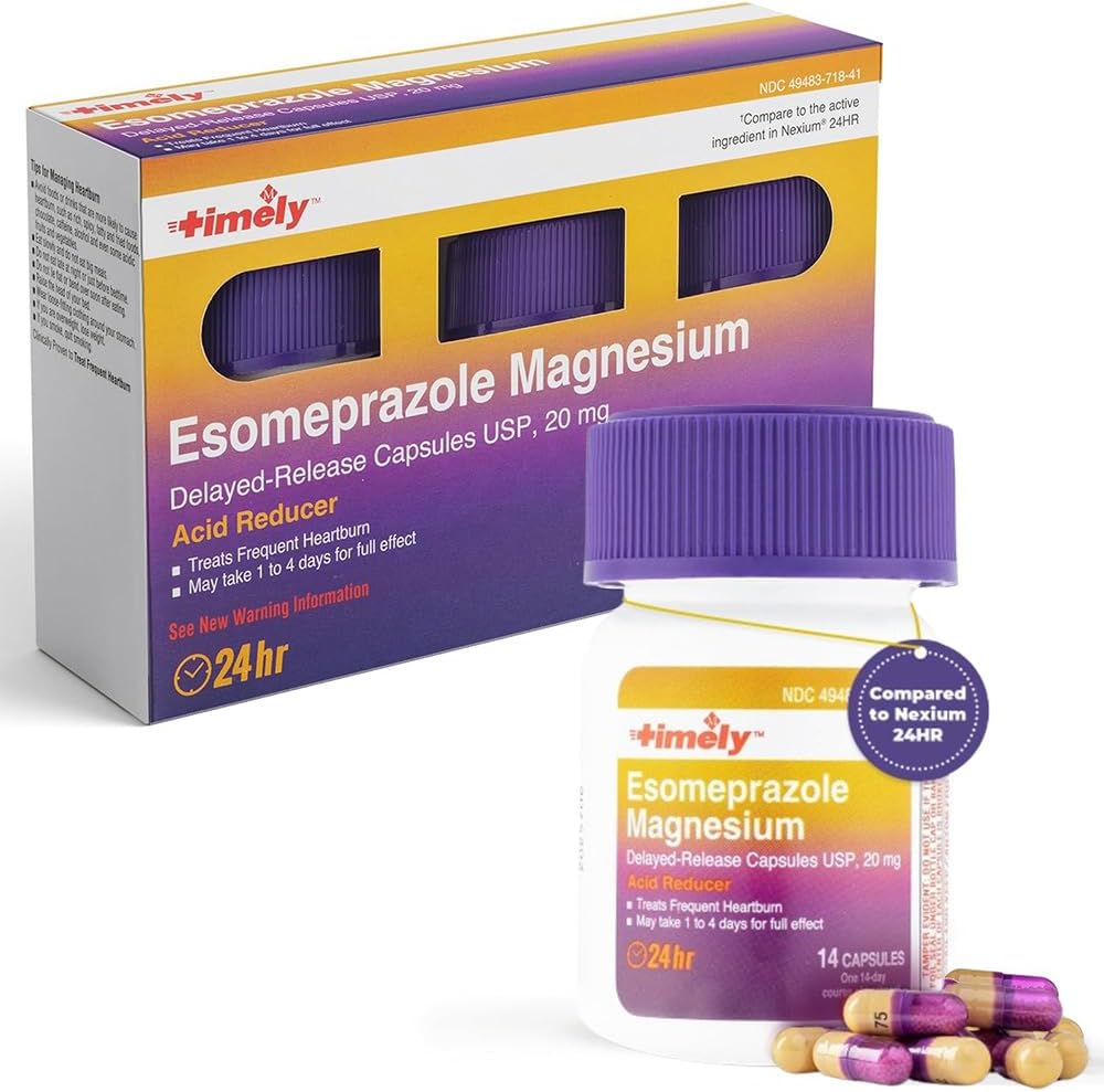 Timely Esomeprazol Magnesium 20mg Antacida piller - Mavesmerter, hyppig hjerterytme Relief & Acid Reflux medicin - 24 timers Esomeprazol forsinket frigivelse kapsler - 42 Tæl