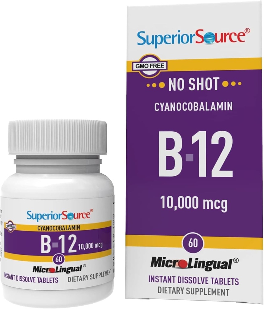 Superior Source No Shot Vitamin B-12 Cyanocobalamin 10000 mcg - Vitamin B-12 til støtte for energiproduktion, hjerne sundhed & Samlet wellness - Sublinguale tabletter - 60 opløselige tabletter