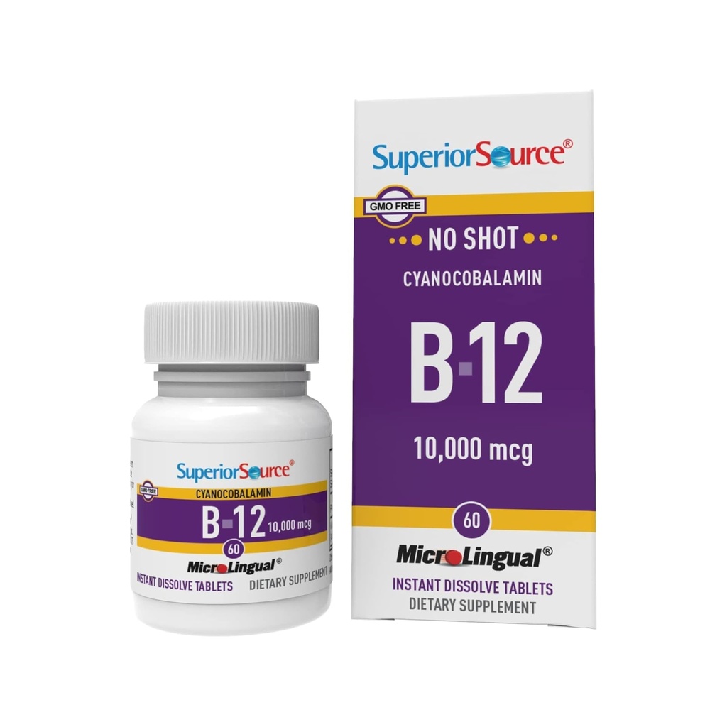 Superior Source No Shot Vitamin B-12 Cyanocobalamin 10000 mcg - Vitamin B-12 til støtte for energiproduktion, hjerne sundhed & Samlet wellness - Sublinguale tabletter - 60 opløselige tabletter