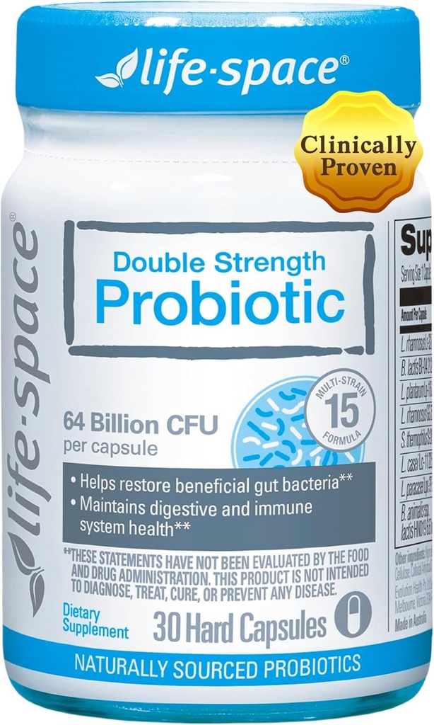 Life- Space Double Strength Broad Spectrum Probiotic, 64 Millioner CFU & 15 Diverse Strops, Redouble Formuleret til fordøjelsessundhed & immunsundhed, Probiotika for kvinder & mænd - 30 Veg kapsler