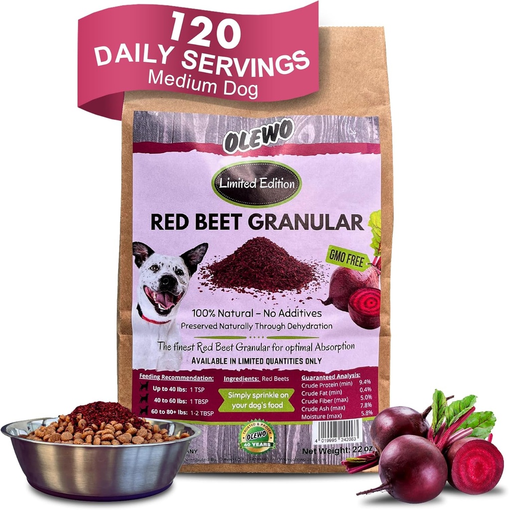 Olewo Red Beets for Dogs Granulat - Natural Anti Itch Dog Food Topper, Immun, Cleansing, Hud & Coat Support, Dehydreret Hel Food Multivitamin & Fiber, 22 oz